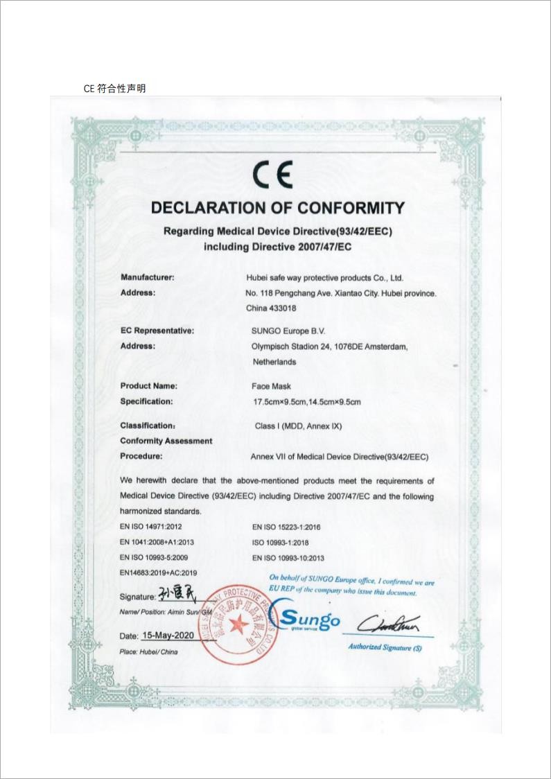 China HUBEI SAFETY PROTECTIVE PRODUCTS CO.,LTD(WUHAN BRANCH) Zertifizierungen